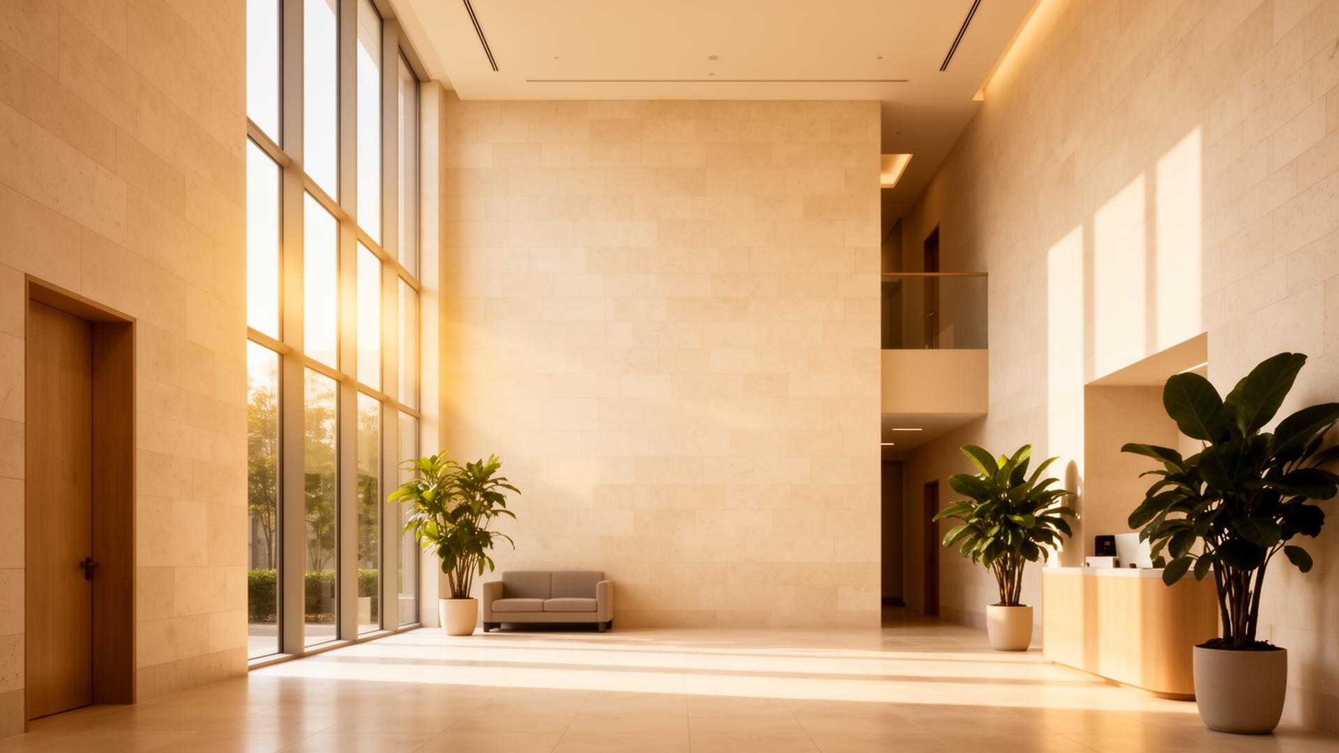 Sunlit modern care facility lobby